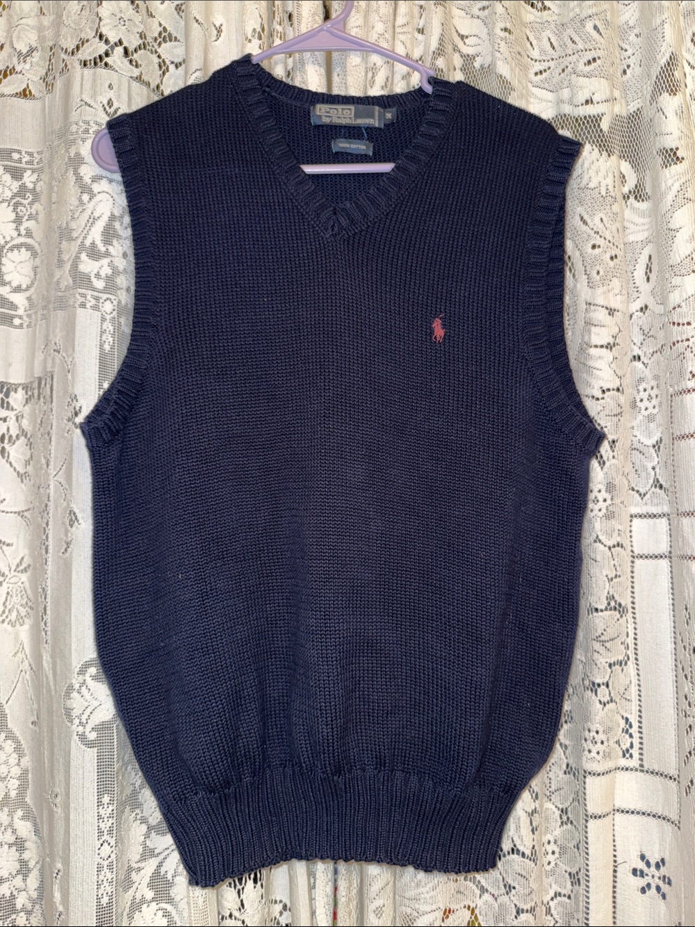 Polo by Ralph Lauren Navy V-Neck Knit Sweater Vest with Pink Pony